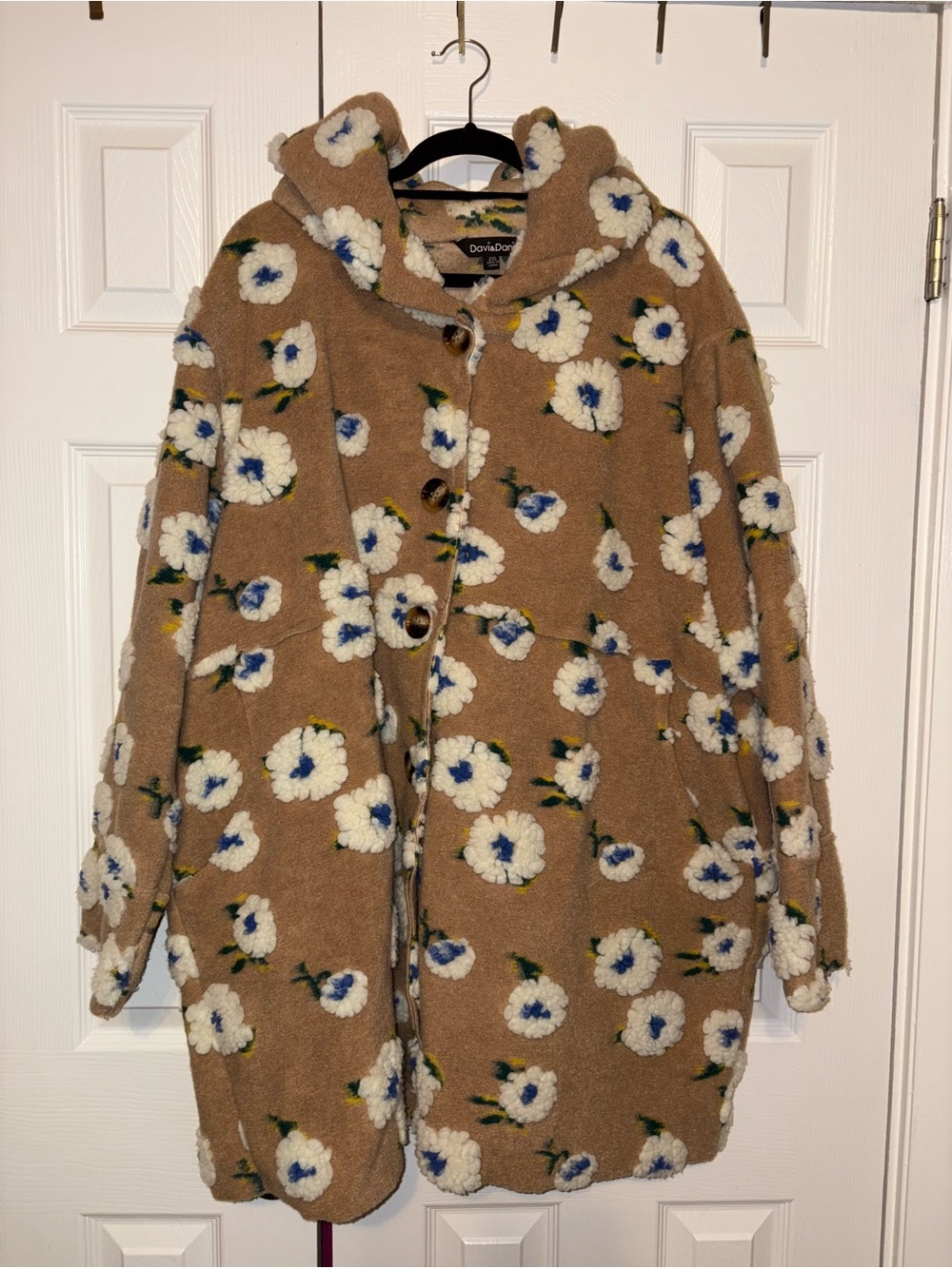 DAVI & DANI Tan Floral Teddy Jacket with White & Blue Appliqués
